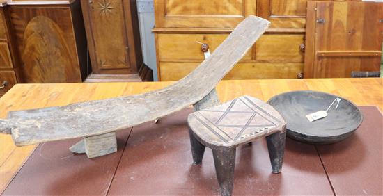 An African carved bowl, stool and stand